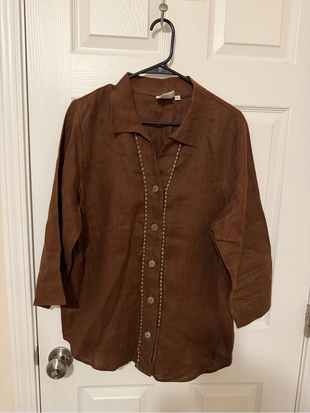 Hot Cotton Brown Linen Button-Front Shirt 100% Linen Top